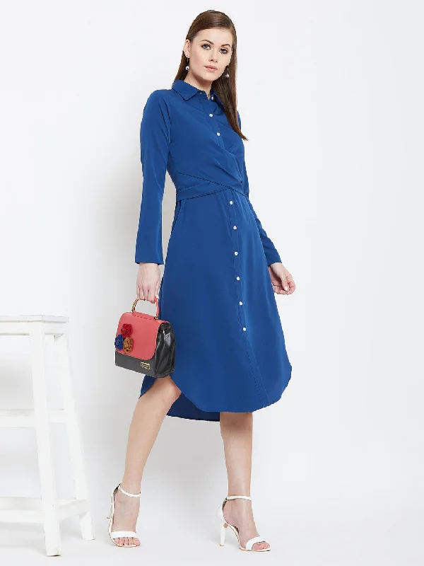 Berrylush Women Solid Blue Collared Neck Button-Up Curved Midi Shirt Dress Spring midi dresses