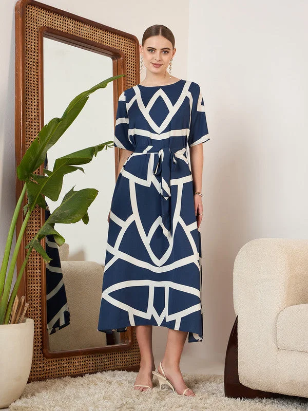 Berrylush Women Navy Blue & White Geometric Printed Round Neck Crepe Waist Tie-Up Flared Midi Dress Boohoo midi dresses