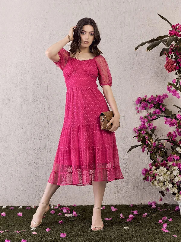 Berrylush Women Solid Pink Dobby Weave Sweetheart Neck Backless Tie-Up Flounce Hem Pleated A-Line Midi Dress Trendy midi dresses under $50