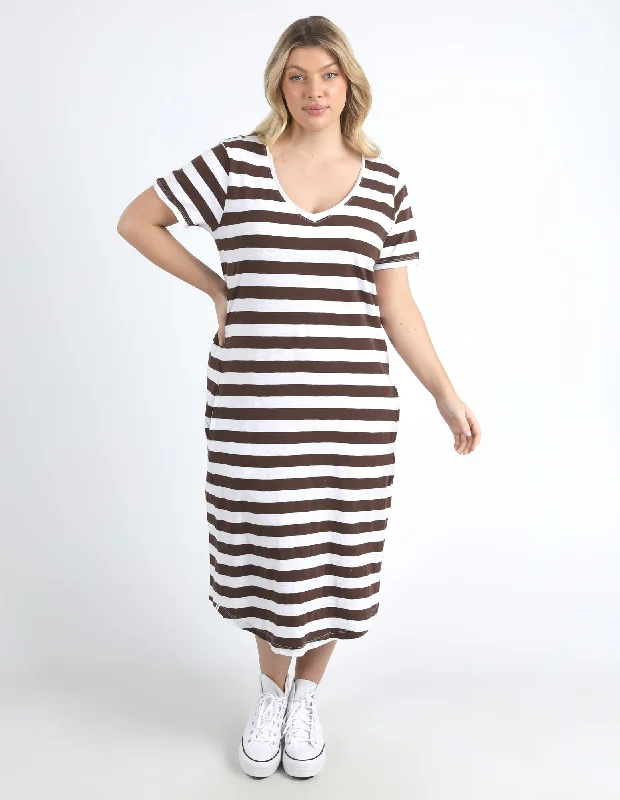 Elm Maeve Midi Dress Stripe Chocolate/White Stripe Fashion Nova midi dresses