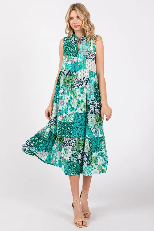 Emerald Green Floral Paisley Tassel Tie Ruffle Hem Midi Dress Anniversary midi dresses