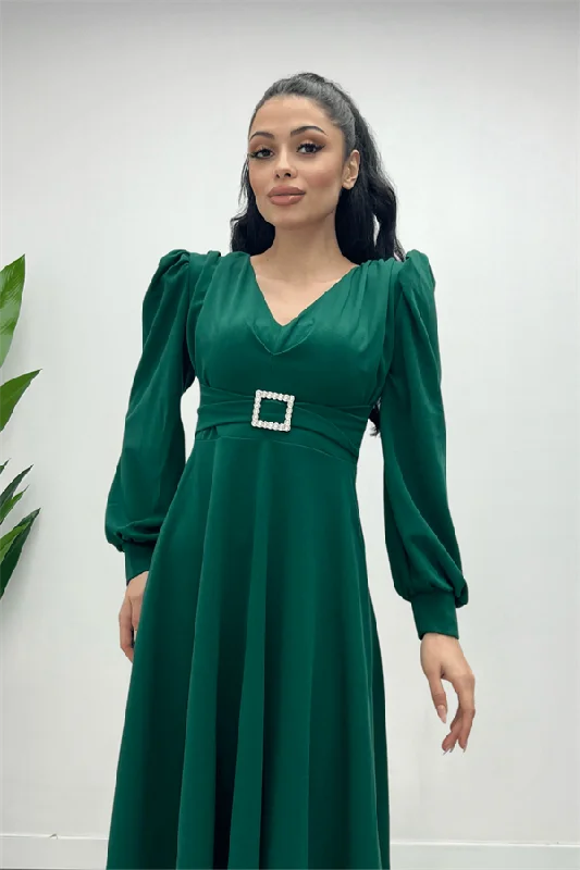 Imported Pancake Fabric Belt Detailed Midi Dress - Emerald Green Best midi dresses for plus size