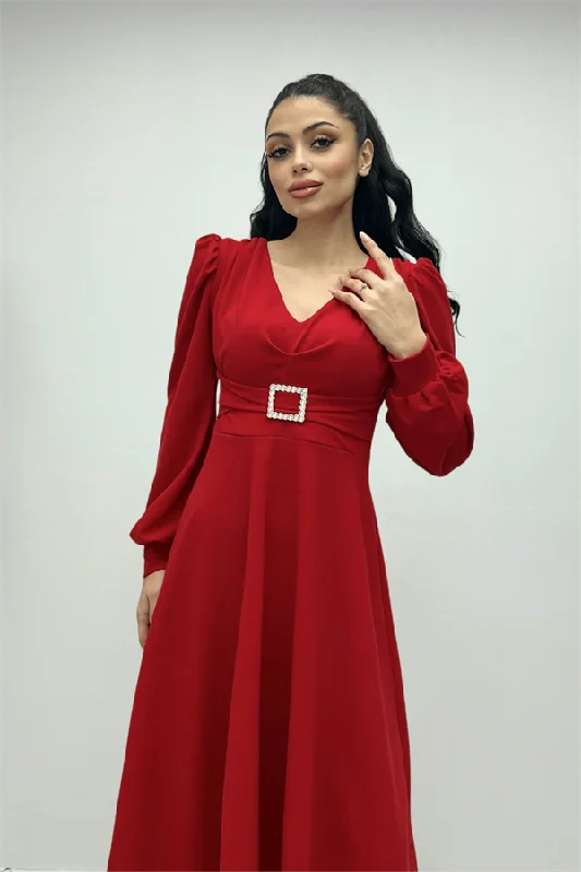 Imported Pancake Fabric Belt Detailed Midi Dress - Red Fashion-forward midi dresses