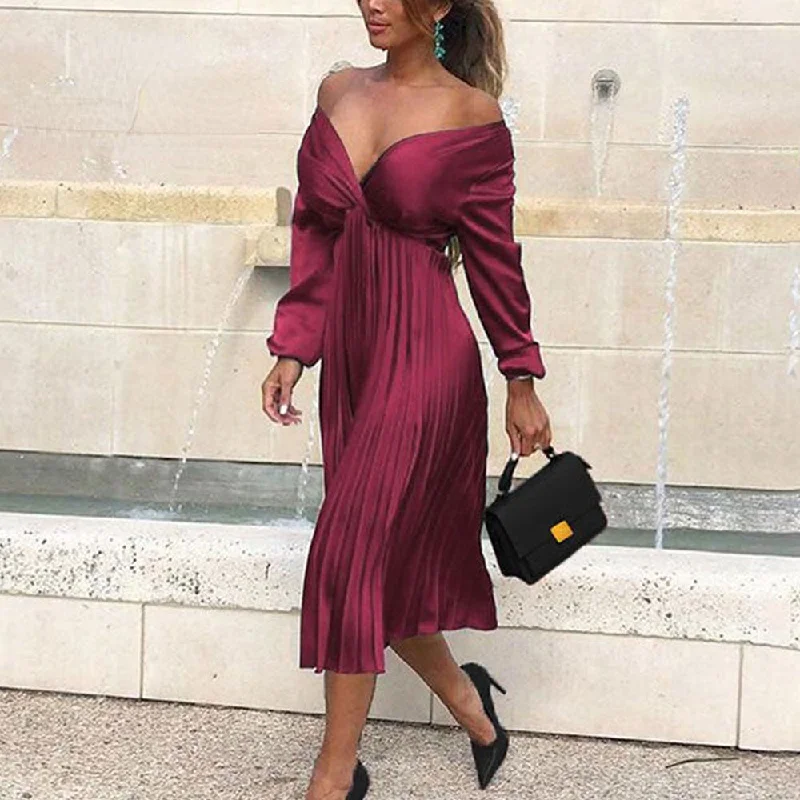 Amy Fashion - Elegant Off Shoulder V Neck Satin Pleated Midi Dress Fall midi dresses