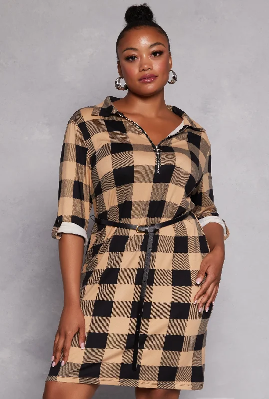 Plus Size Plaid Half Zip Belted Midi Dress Expensive midi dresses