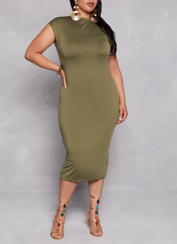 Plus Size Cap Sleeve Midi T Shirt Dress Satin midi dresses