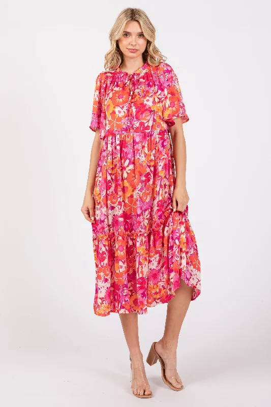 Pink Floral Satin Ruffle Short Flutter Sleeve Midi Dress Birthday midi dresses