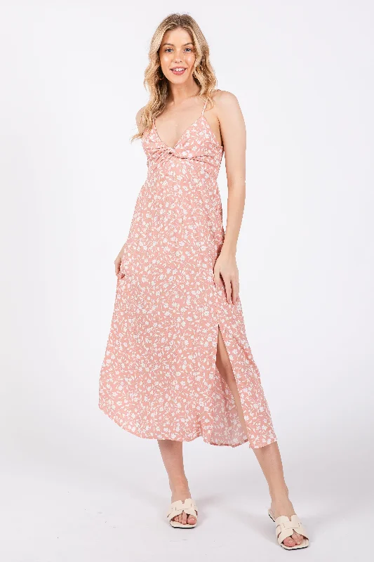 Pink Floral Side Slit Midi Dress Comfortable midi dresses for everyday wear