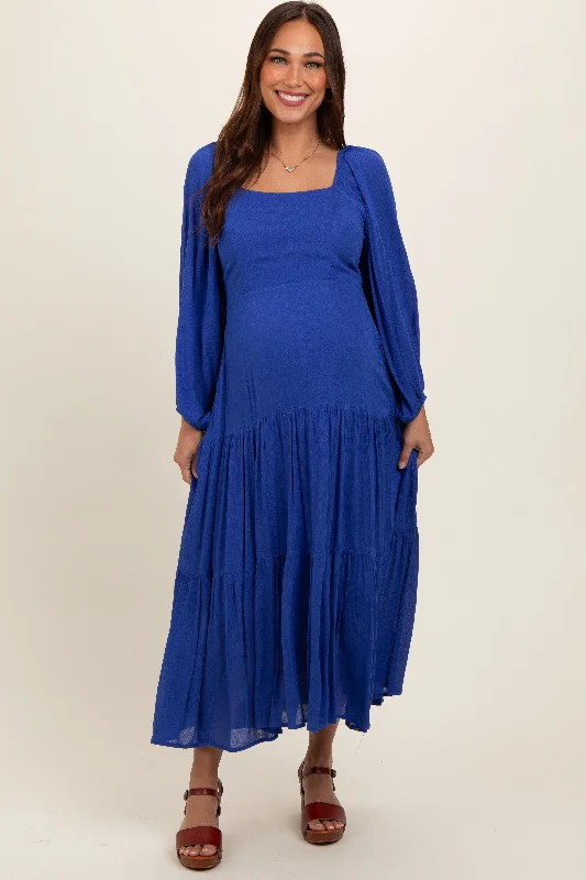 Royal Blue Tiered Maternity Midi Dress Vintage midi dresses