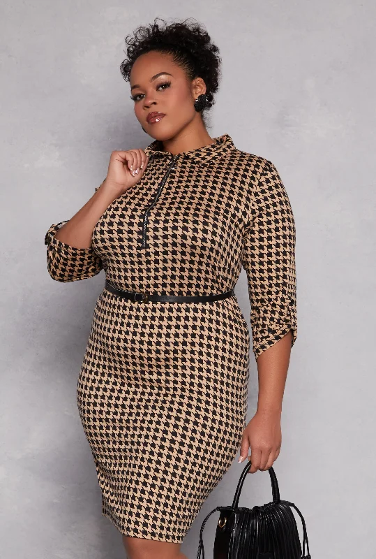 Plus Size Houndstooth Half Zip Midi Dress Bodycon midi dresses