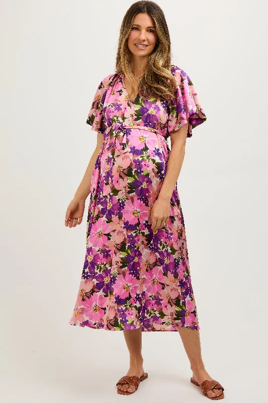 Violet Floral V-Neck Short Puff Sleeve Tie Waist Satin Maternity Midi Dress Chiffon midi dresses