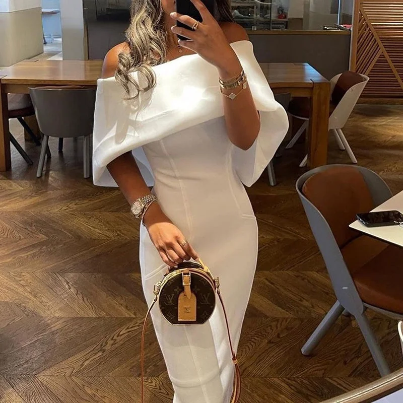 Amy Fashion - Solid Elegant Off Shoulder Midi Bodycon Formal White Dress Versatile midi dresses for all occasions