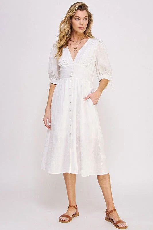 3/4 Puff Slv Texture Vneck Button Down Midi Dress Best midi dresses for hourglass body shape