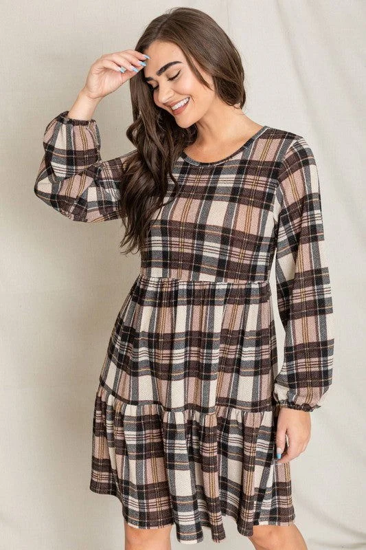 Plaid Balloon Sleeve Tiered Midi Dress Must-have midi dresses for this season