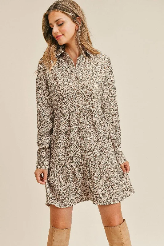 Corduroy Printed Button Down Front Collar Long Sleeve Dress Minimalist floral dresses