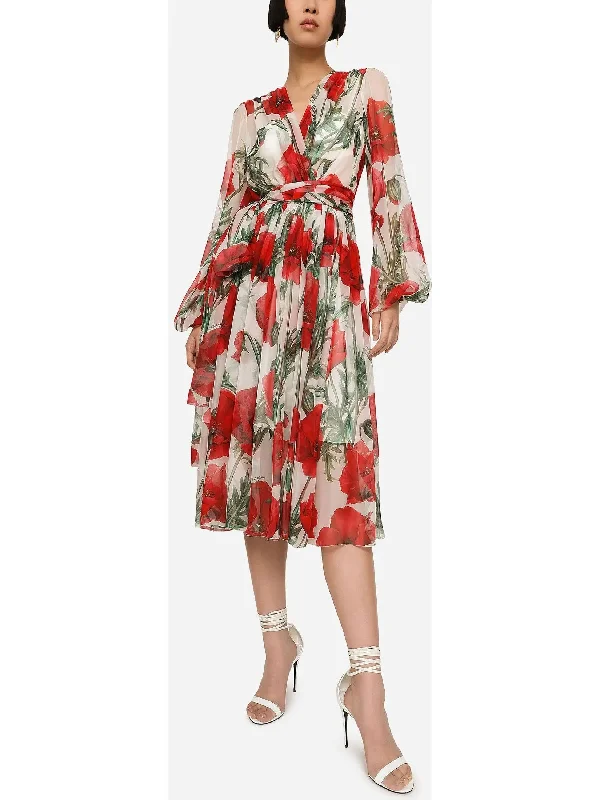 Poppy-Print Chiffon Calf-Length Dress Lightweight floral dresses for hot weather