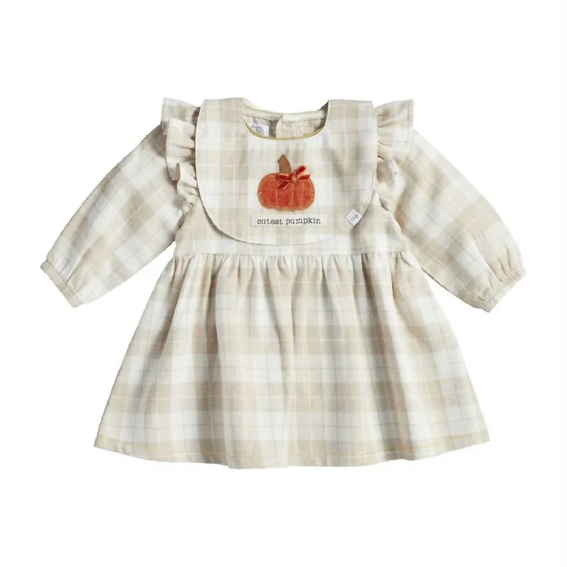 Baby Girl's Fall Plaid Dress And Bib Set In Beige Corset unclassified dresses