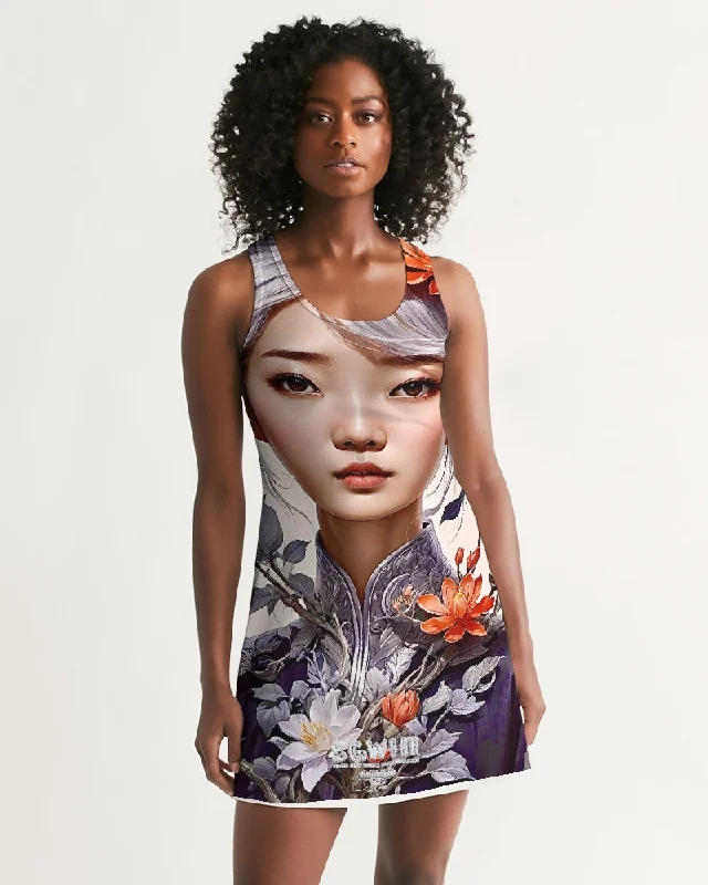 Beautiful Asian woman grey hair blossom Women's All-Over Print Racerback Dress Unique unclassified dresses