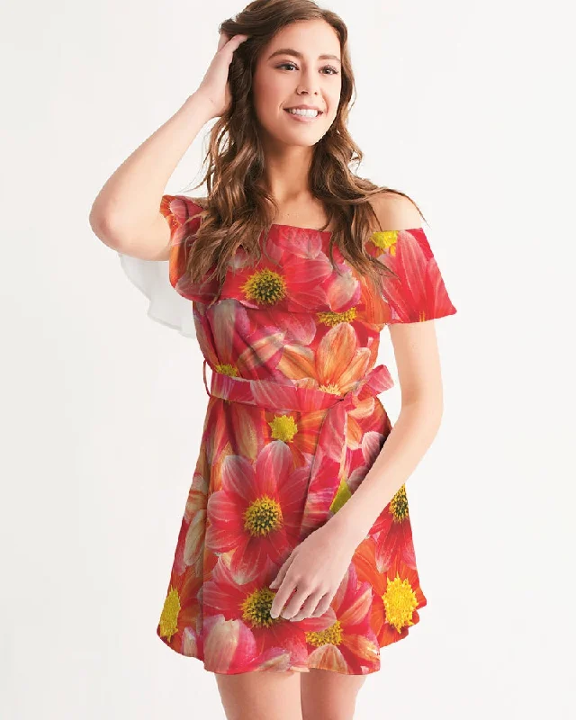 Beautiful blood orange flower design Women's All-Over Print Off-Shoulder Dress Short unclassified dresses