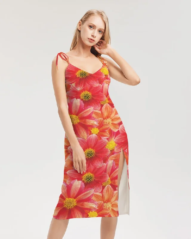 Beautiful blood orange flower design Women's All-Over Print Tie Strap Split Dress Chiffon unclassified dresses