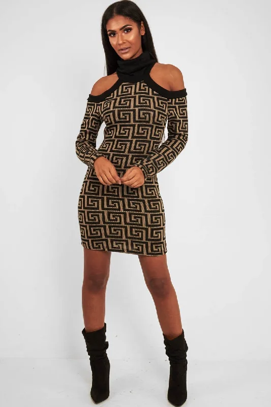 Beige Black Repeat Pattern Cold Shoulder Dress - Donya Trendy new unclassified dresses