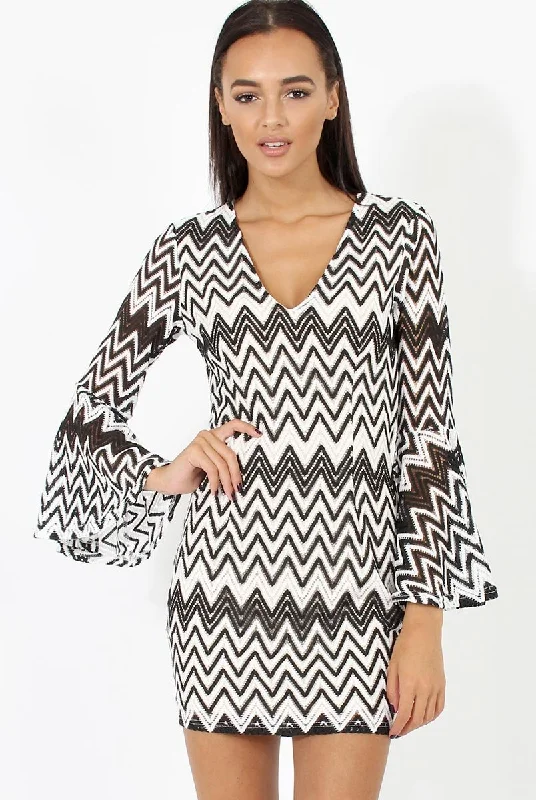 Black & White Crochet Flare Sleeve Dress - Kady Everyday wear unclassified dresses