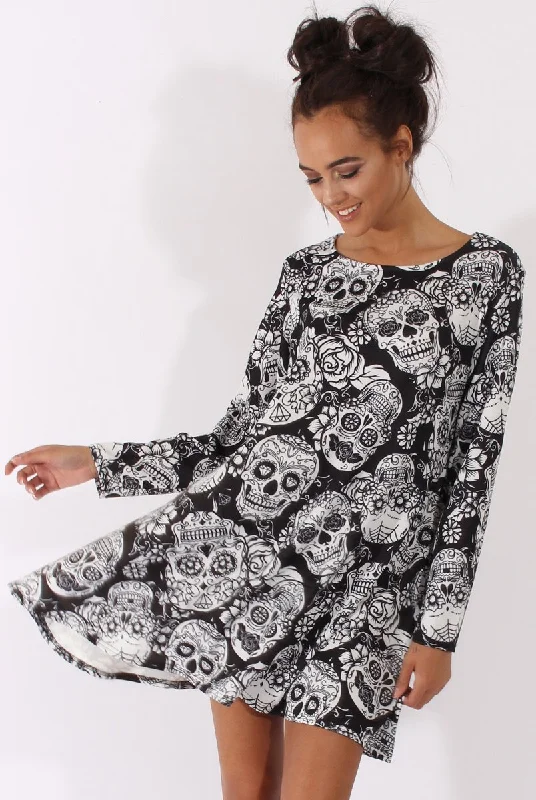 Black & White Halloween Sugar Skull Swing Dress - Calavera Travel unclassified dresses