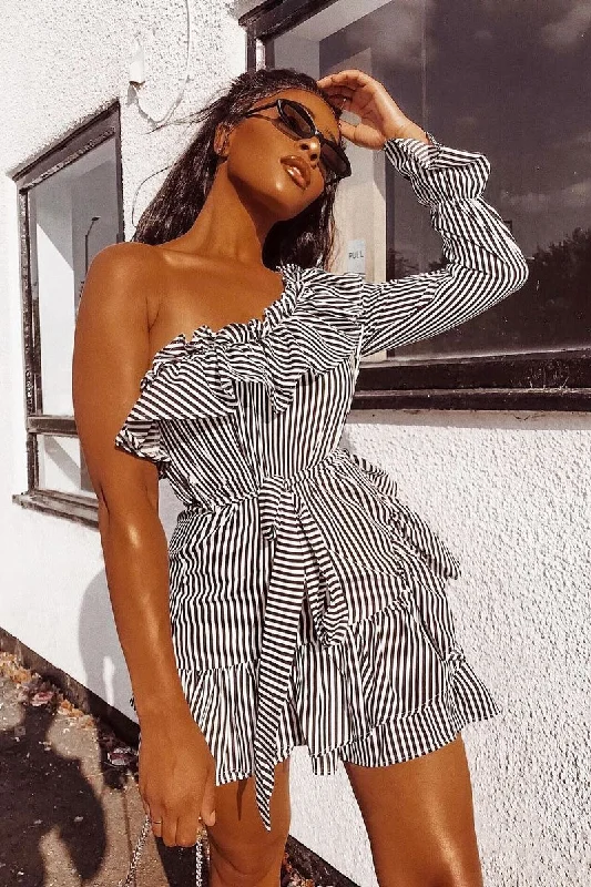 Black and White Stripe One Shoulder Frill Dress - Zyann Sequin unclassified dresses