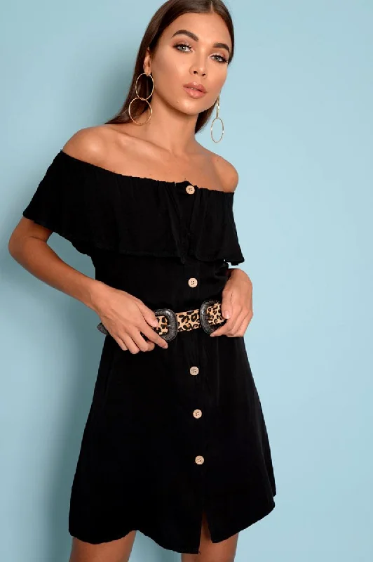 Black Bardot Frill Button Front Dress - Julissa A-line unclassified dresses