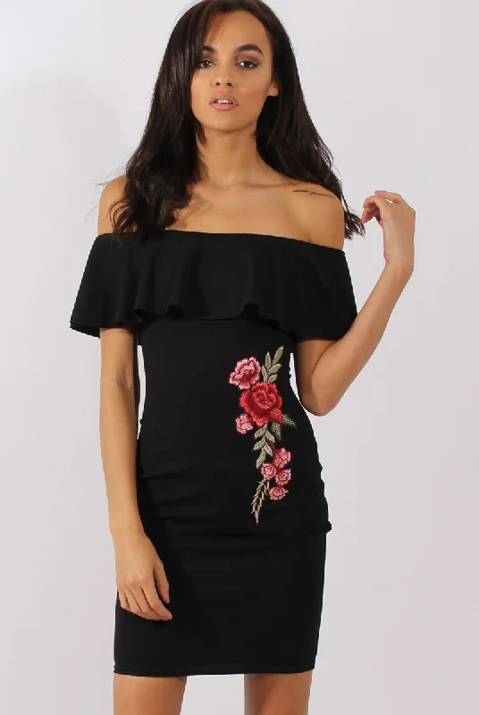 Black Bardot Frill Embroidered Dress - Jasmine Short unclassified dresses