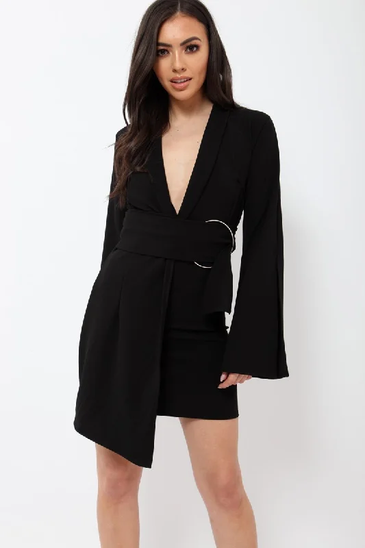 Black Blazer Dress with Ring Belt Detail - Emilie Stylish unclassified dresses