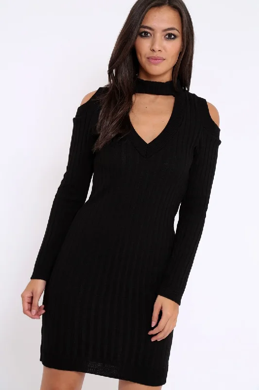 Black Cold Shoulder and V Neck Cut Out Dress - Riona Beaded unclassified dresses