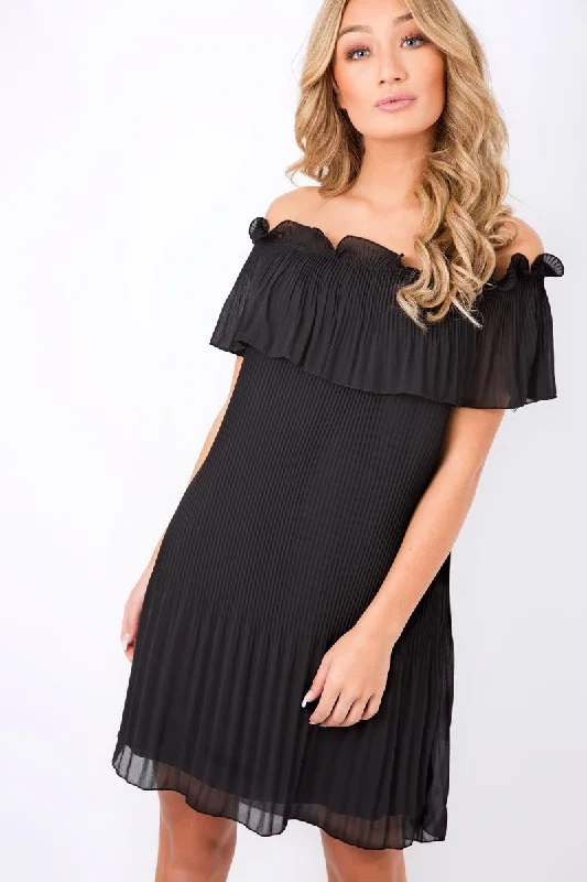 Black Crinkle Bardot Ruffle Trim Dress - Kelsey Gothic unclassified dresses