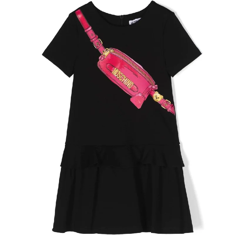 Black Dress with Belt Bag Print and Ruffle Club unclassified dresses