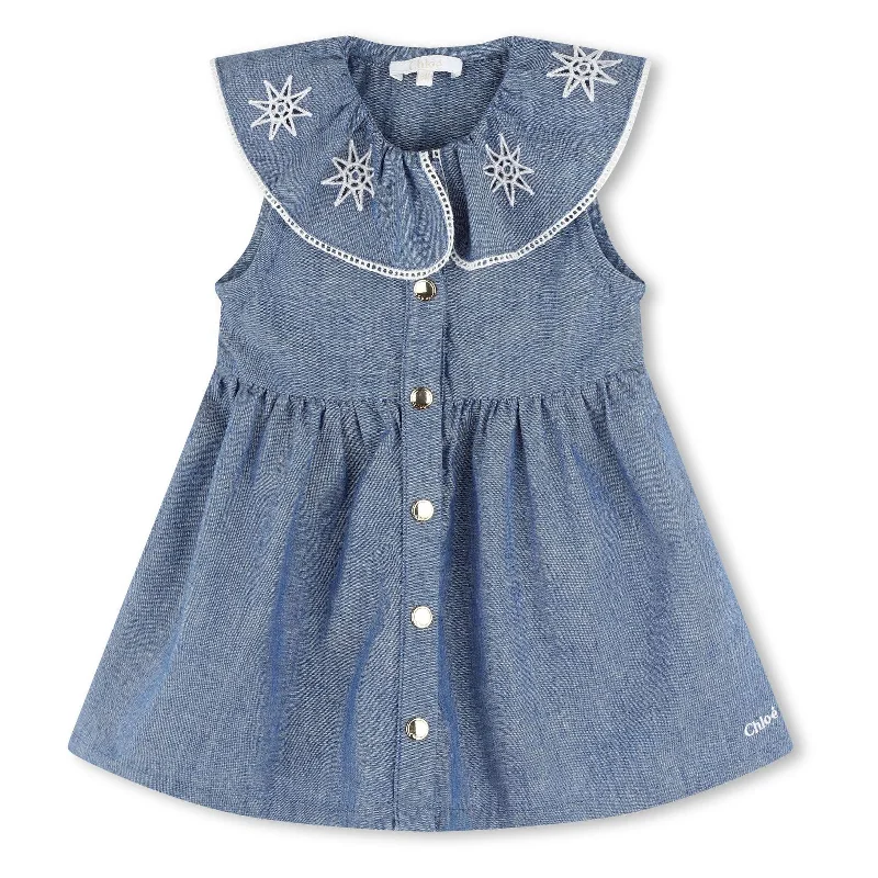 Blue Star Embroidered Chambray Dress Halter unclassified dresses