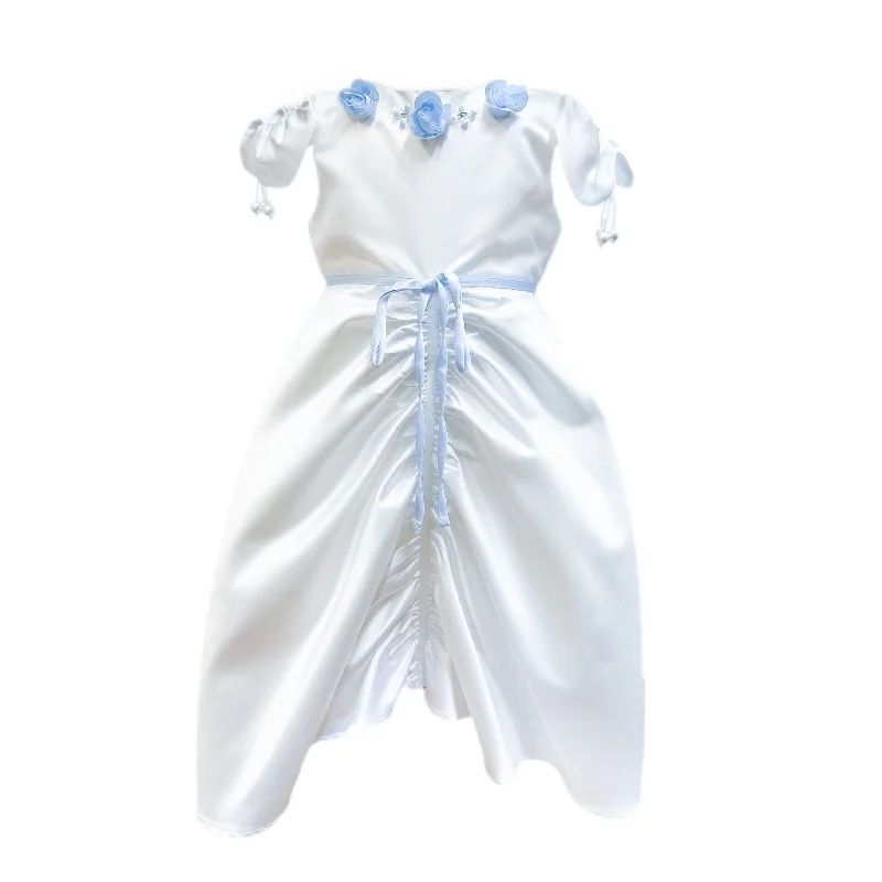 Daphne White Satin Dress with Blue Embroidery Cotton unclassified dresses