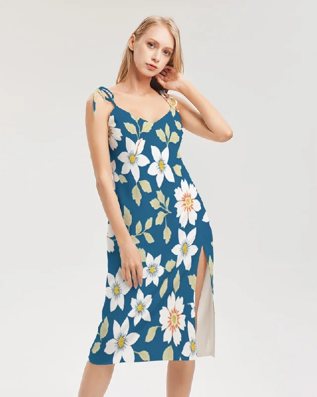 Dark blue background and white flower pattern Women's All-Over Print Tie Strap Split Dress Pastel unclassified dresses