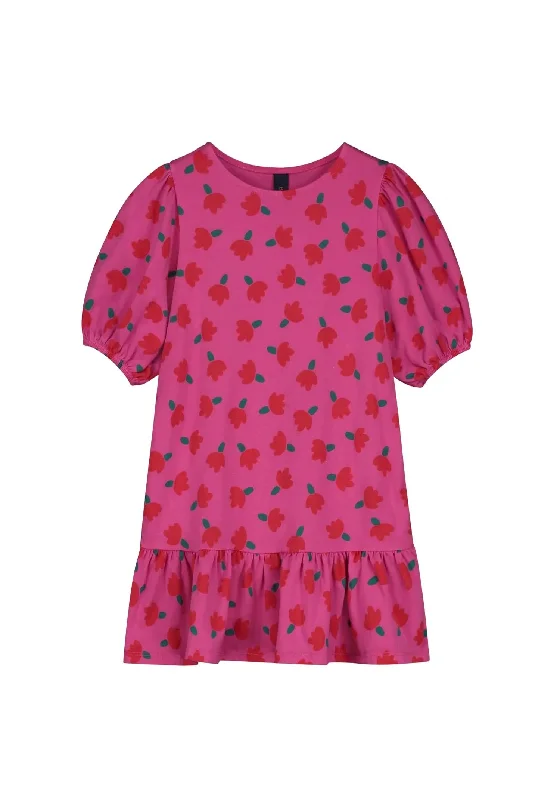 Girl's Balloon Sleeves Flowers Dress In Rasberry A-line unclassified dresses