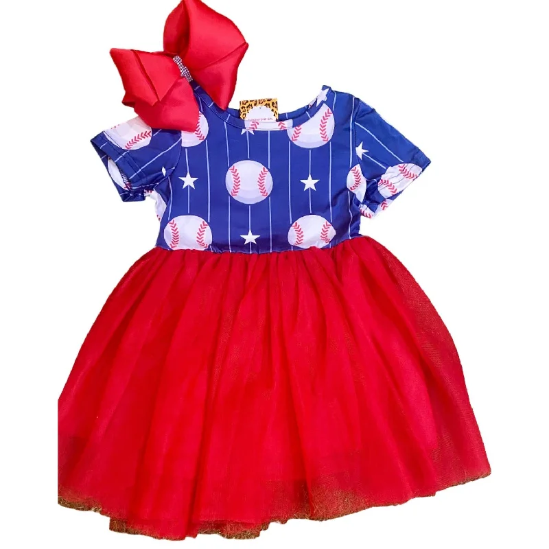 Girl's Baseball Print Tutu Dress In Blue/red Designer unclassified dresses