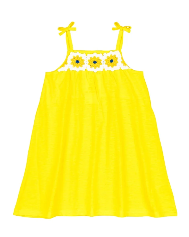 Girl's Crotchet Flowers Sundress In Bright Yellow Silk unclassified dresses