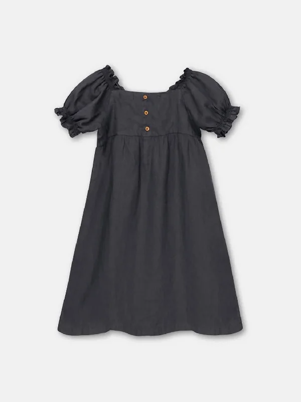 Girls Puff Sleeve Linen Dress In Black Soft fabric unclassified dresses