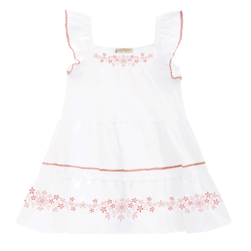 Girls Ruffled Cap Sleeve Dress W/ Embroidery In White W/rose Long unclassified dresses