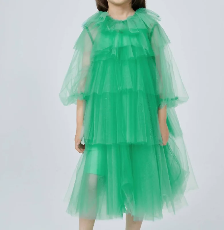 Girl's Ruffles Layers Dress In Green Metallic unclassified dresses