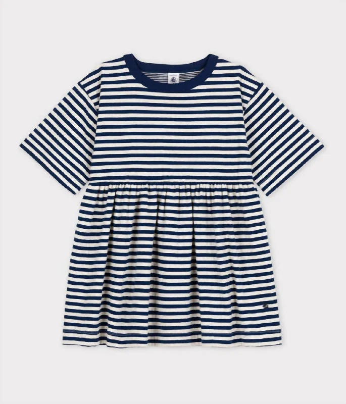 Girls' Striped Cotton Dress 3/4 Sleeves In Blue Pastel unclassified dresses