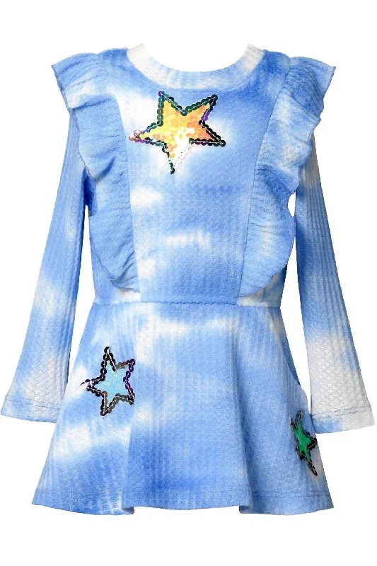 Girls Waffle Knit L/s Tie Dye Dress In Blue W/ Star Designer unclassified dresses