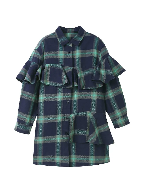 Kids Plaid Front Ruffle Dress In Navy/green Office unclassified dresses