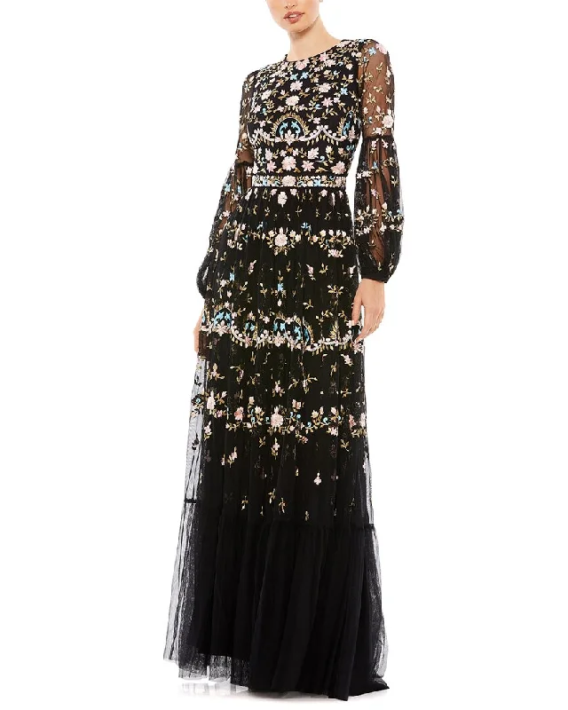 Mac Duggal Embroidered High Neck Illusion Sleeve Tiered Gown Monochrome unclassified dresses