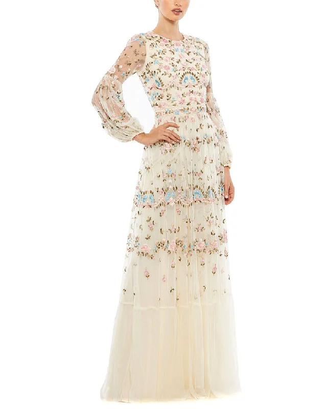 Mac Duggal Embroidered High Neck Illusion Sleeve Tiered Gown Chiffon unclassified dresses