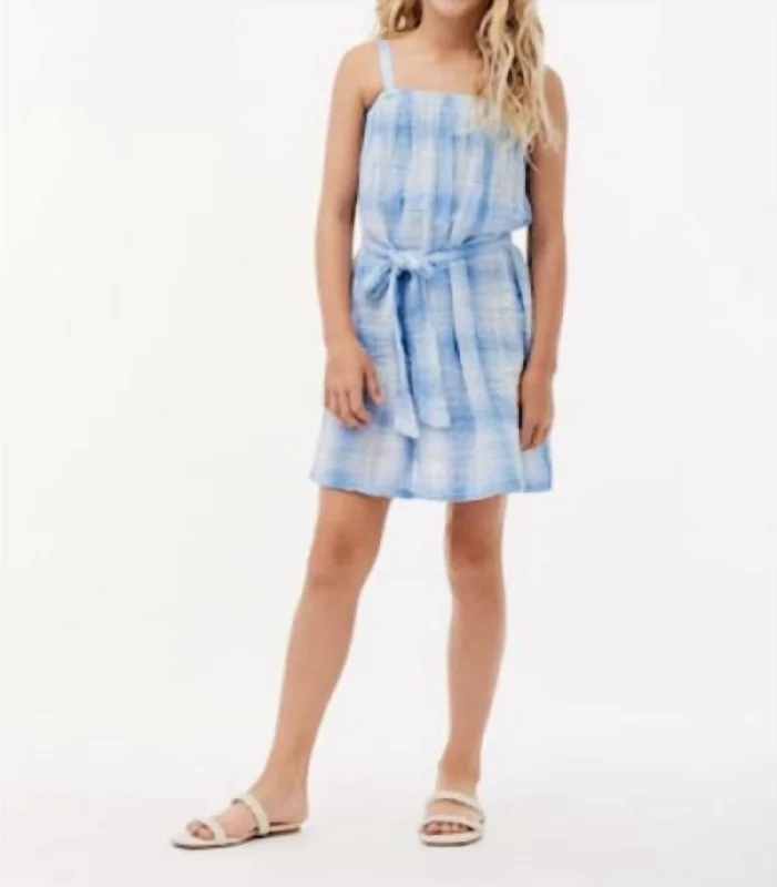 Plaid Sash Sundress In Heather Blue Breathable unclassified dresses