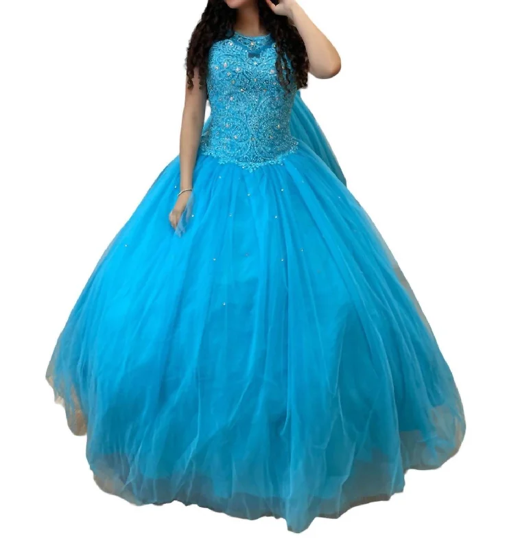 Scoop Neck Quinceañera Dress In Turquoise Satin unclassified dresses